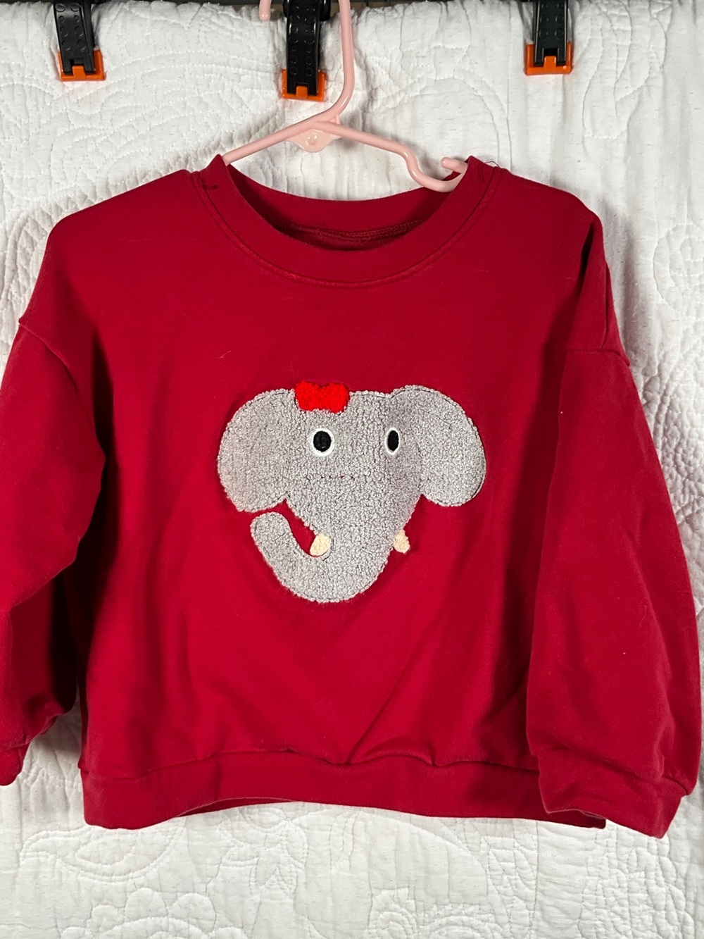Red Sweatshirt with Cute Elephant Appliqué